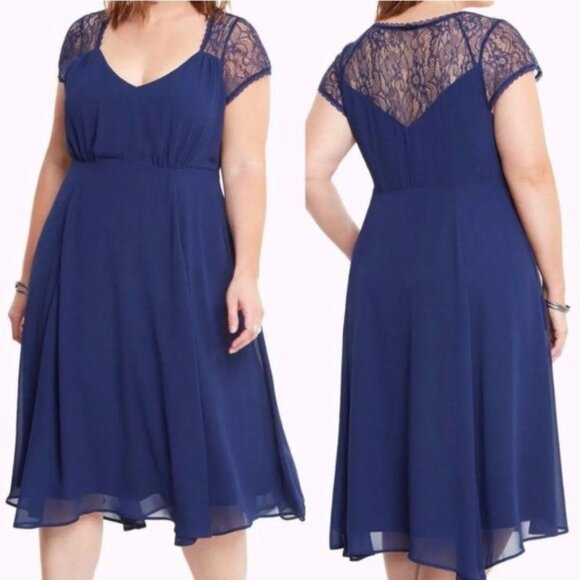 725-22 Torrid Navy Blue Lace Knee Length Cap sleeved dress Size 16 - Picture 8 of 13